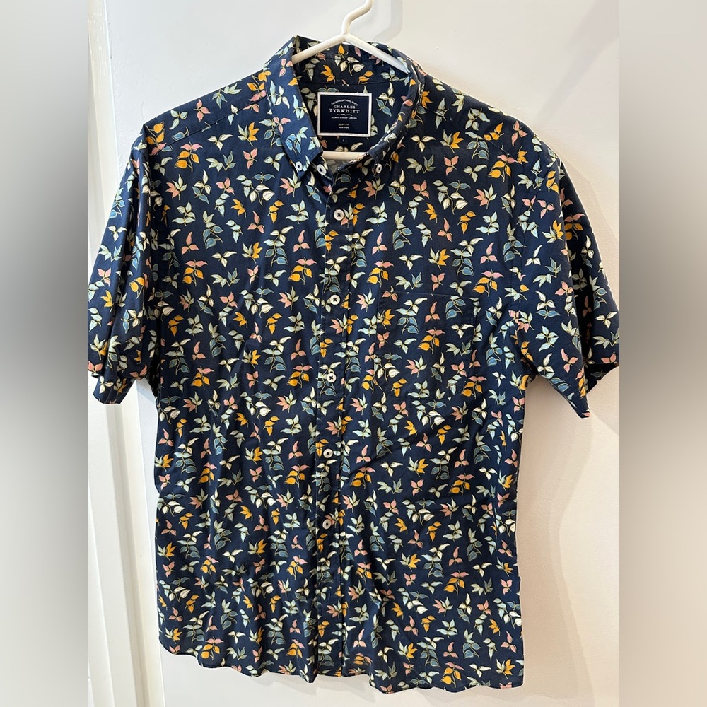 Button-Down Collar Non-Iron Stretch Poplin Multi Leaf Print Short Sleeve Shirt